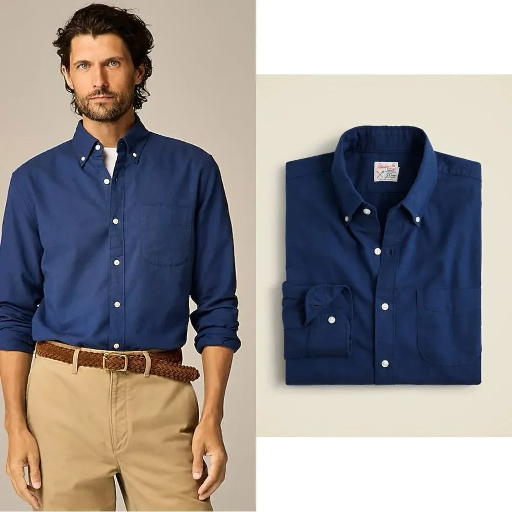 NEW J CREW Broken-in organic cotton oxford shirt Slim Untucked in Navy blue